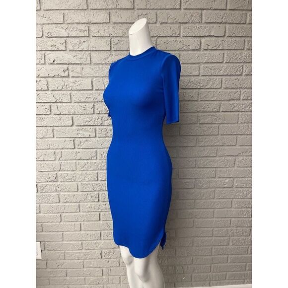 A’Gaci Blue Ribbed High Neck Hi-Low Bodycon Dress Size S - Picture 3 of 7